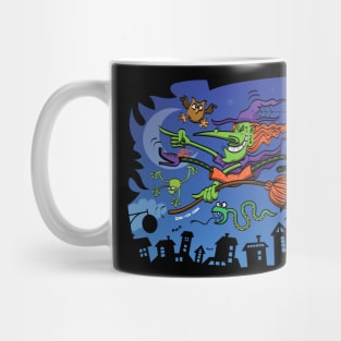 Crazy witch having great fun riding her broom at Halloween Mug